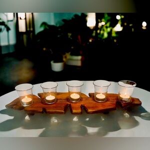 Hand Carved unique vintage Wooden 5 Tea Light Candle Holder. 20”L x 6.5”W